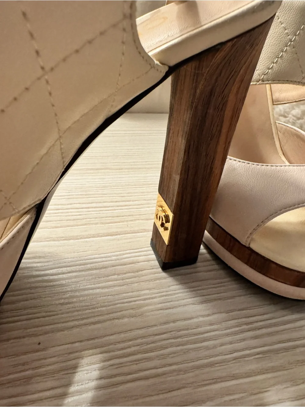 CHANEL Cream Platform Wood Block Slingback Heels CC LOGO